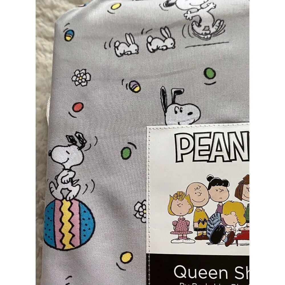Peanuts Snoopy Easter Egg Bunny Floral QUEEN‎ Sz Sheet Set Soft Grey NEW